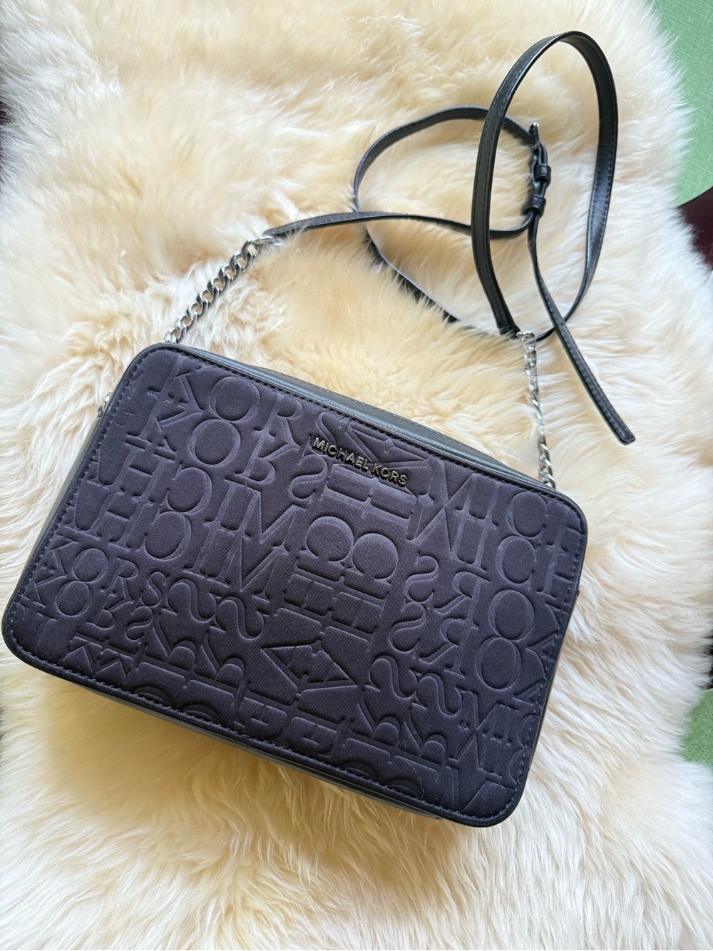 NWOT Michael Kors Black Neoprene Large Embossed Logo Crossbody Bag Silver Chain